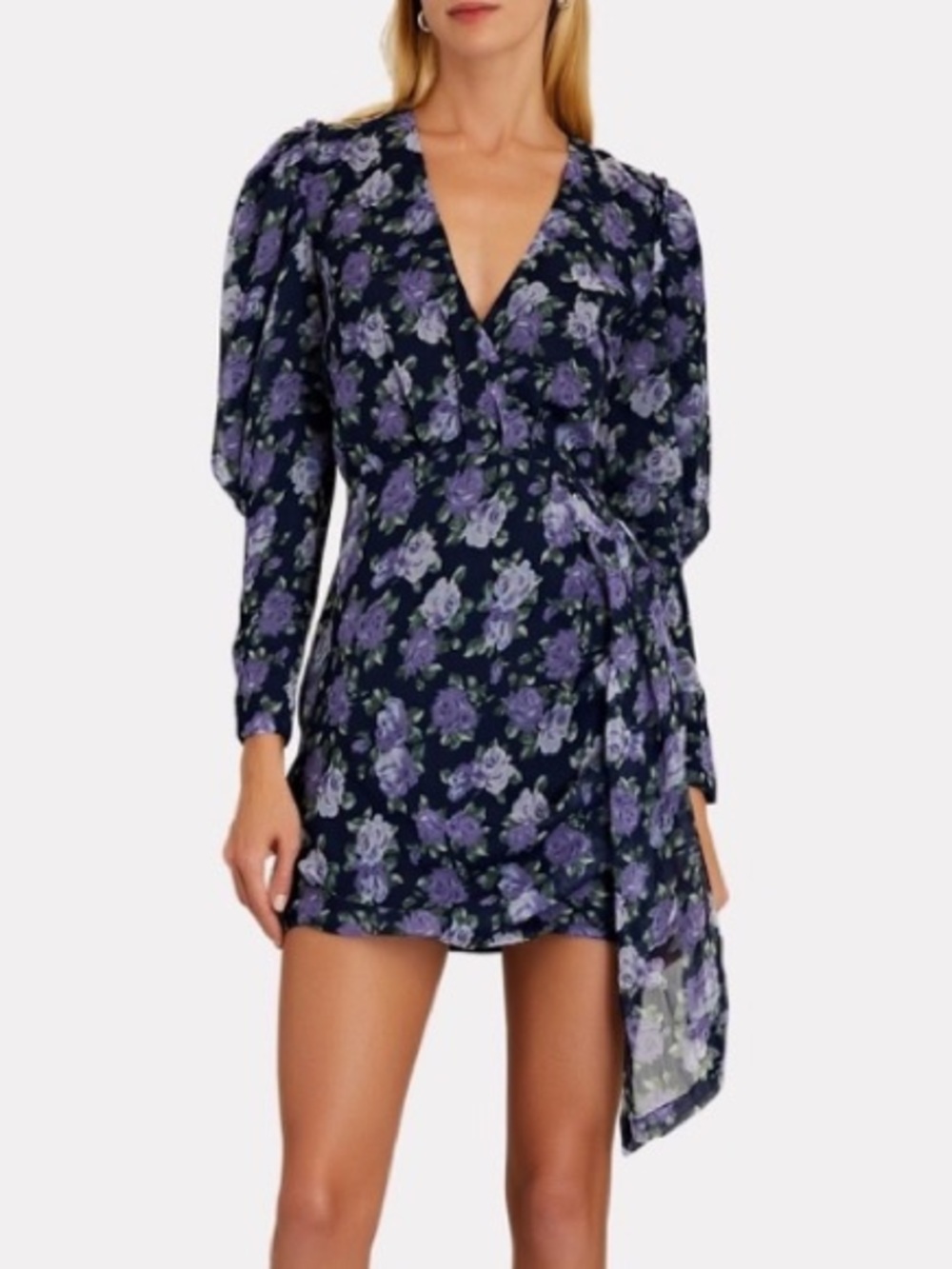 Saylor Metritt Dress Blue Lilac Rose Floral Long Sleeve Romantic Cocktail M
